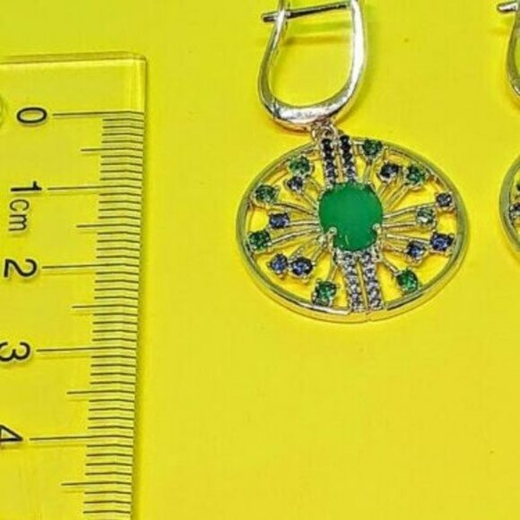 Natural Green Agate & CZ 925 Sterling Silver Round Earrings. - Picture 6 of 7